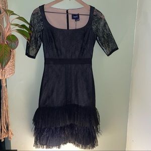 Marchesa Notte Ace Cocktail Dress, Mini, Black, Ostrich Feathers and Lace, 0